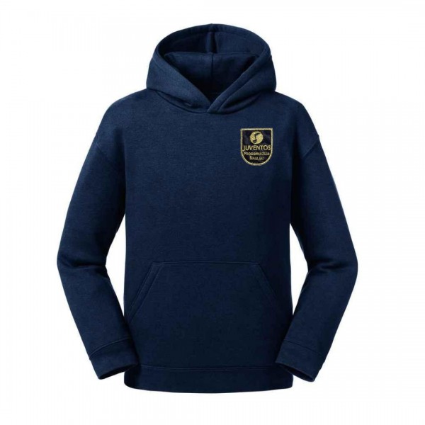 Trikotažinis sportinio tipo džemperis su gobtuvu ir mokyklos emblema