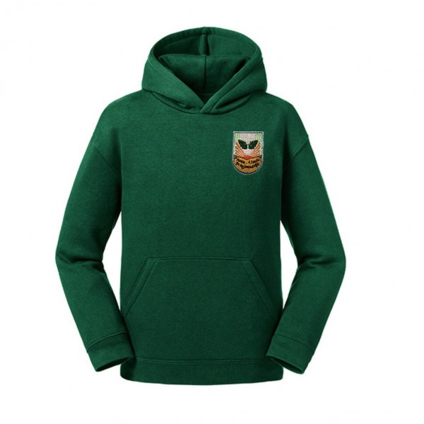 Trikotažinis sportinio tipo džemperis su gobtuvu ir  mokyklos emblema