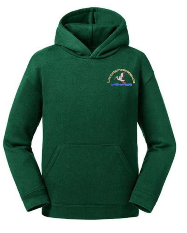 Trikotažinis sportinio tipo džemperis su gobtuvu ir mokyklos emblema-0