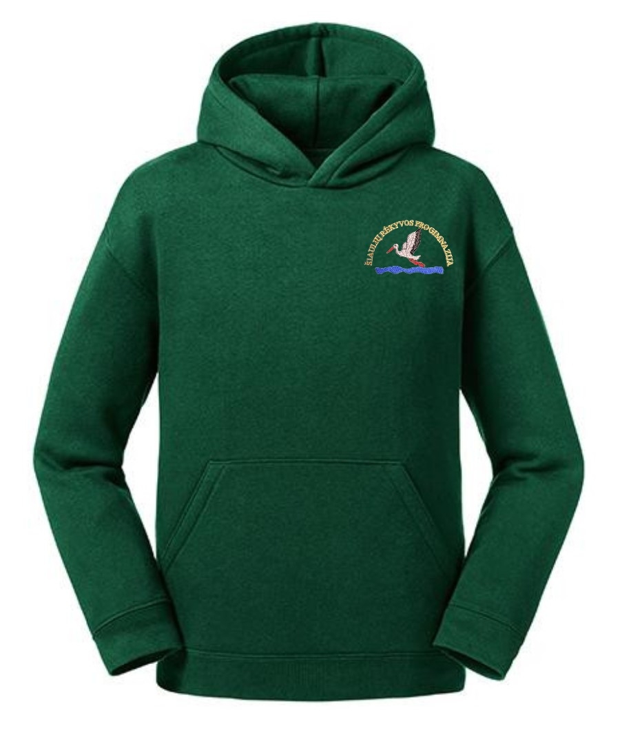 Trikotažinis sportinio tipo džemperis su gobtuvu ir mokyklos emblema-0