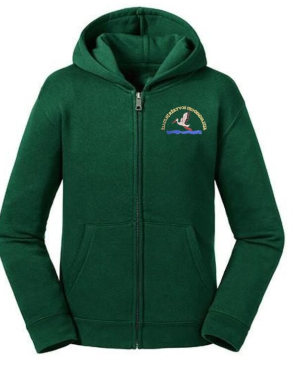 Trikotažinis sportinio tipo džemperis su gobtuvu, užtrauktuku ir mokyklos emblema-0