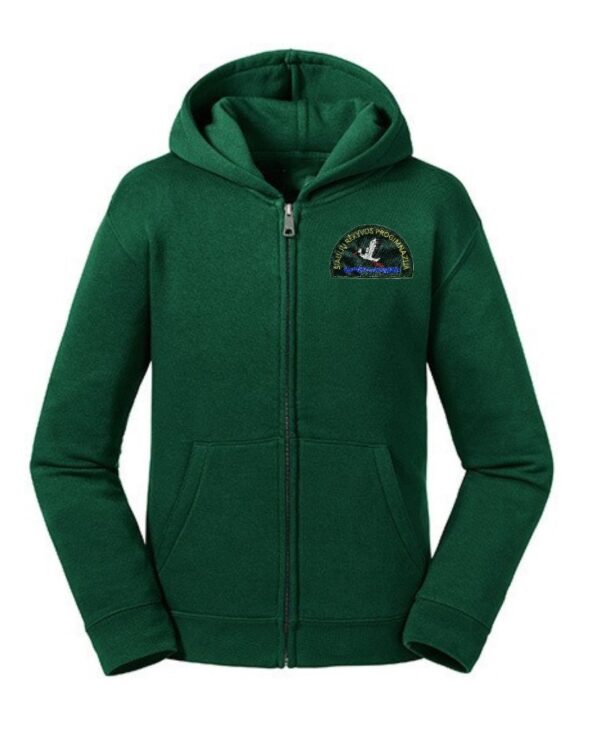 Trikotažinis sportinio tipo džemperis su gobtuvu, užtrauktuku ir mokyklos emblema-5689