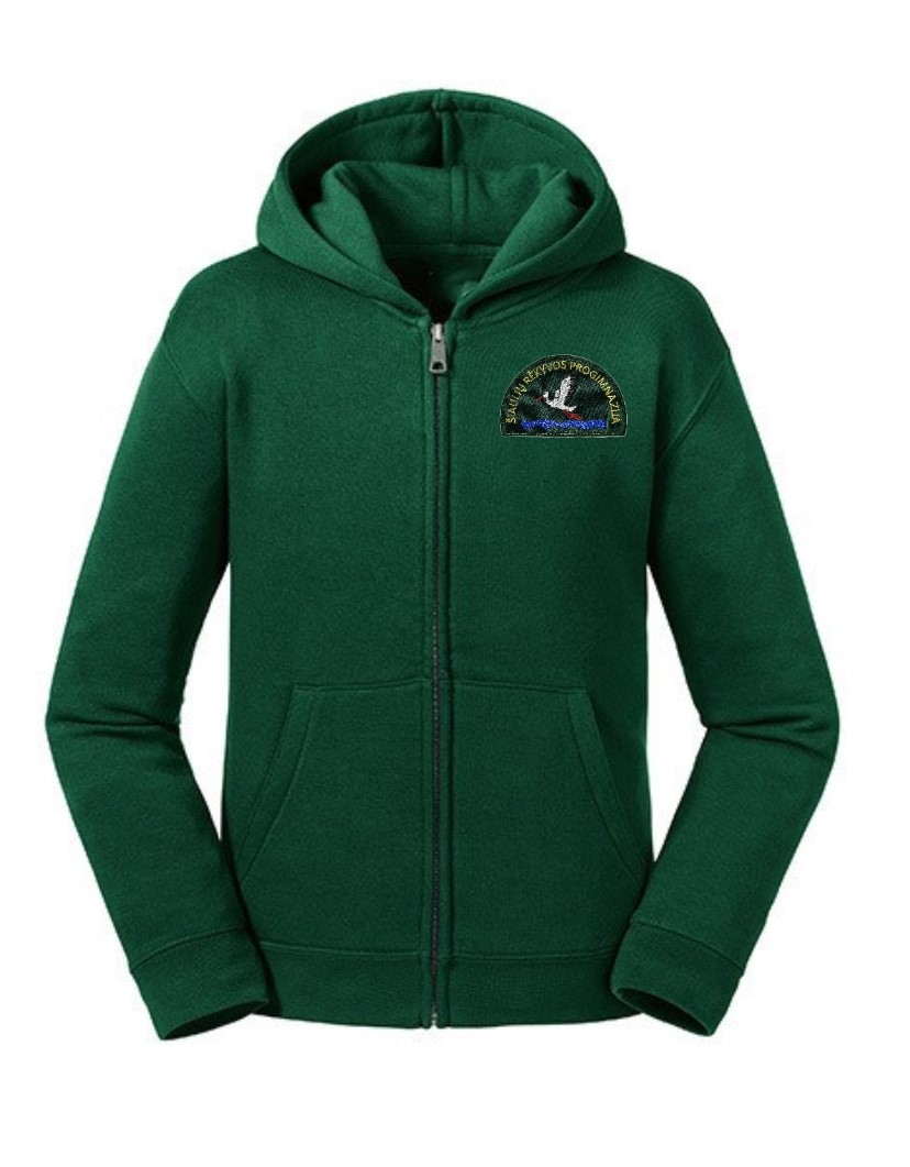 Trikotažinis sportinio tipo džemperis su gobtuvu, užtrauktuku ir mokyklos emblema-5689