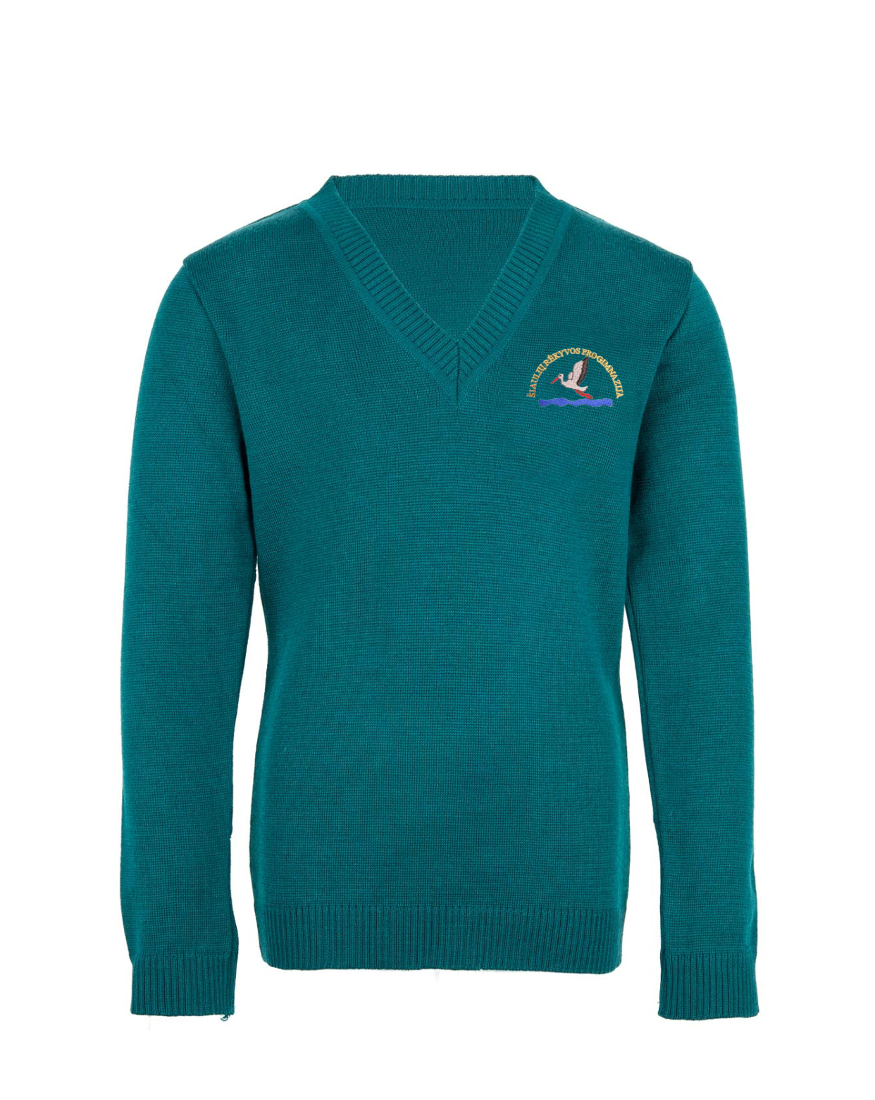 Megztinis V formos kaklu su mokyklos emblema