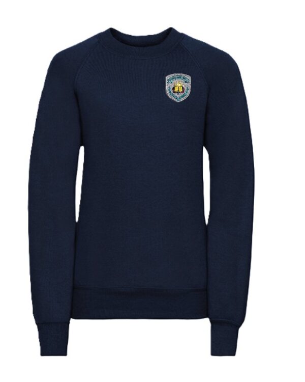 Trikotažinis tamsiai mėlynos spalvos džemperis be gobtuvo su mokyklos emblema