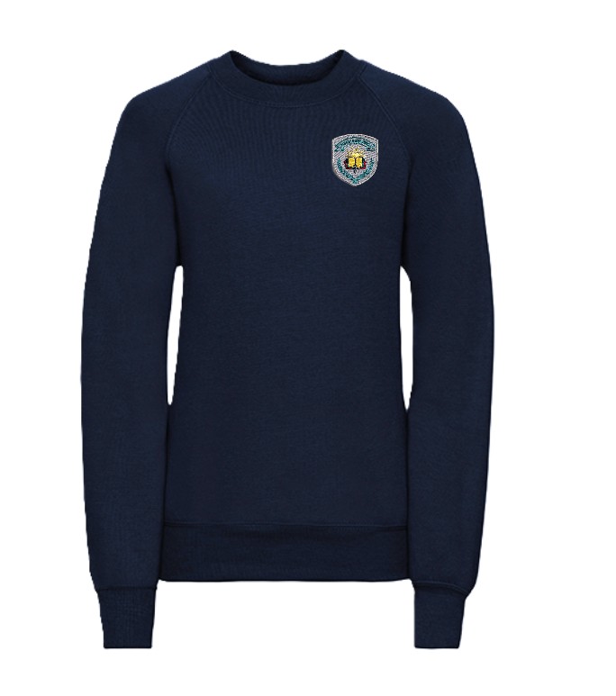 Trikotažinis tamsiai mėlynos spalvos džemperis be gobtuvo su mokyklos emblema