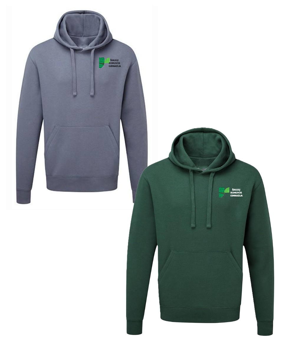 Trikotažinis sportinio tipo džemperis su gobtuvu ir mokyklos emblema