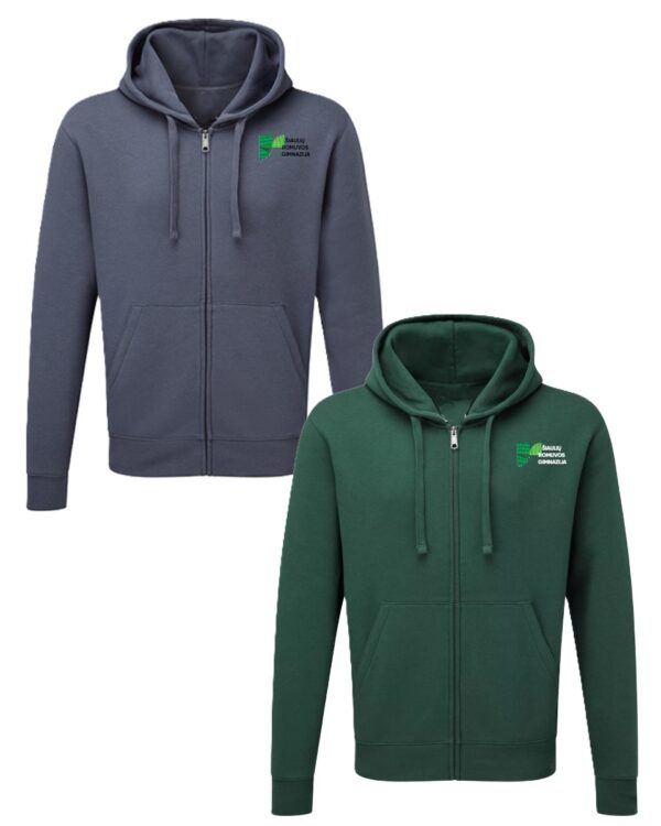 Trikotažinis sportinio tipo džemperis su užtrauktuku ir mokyklos emblema