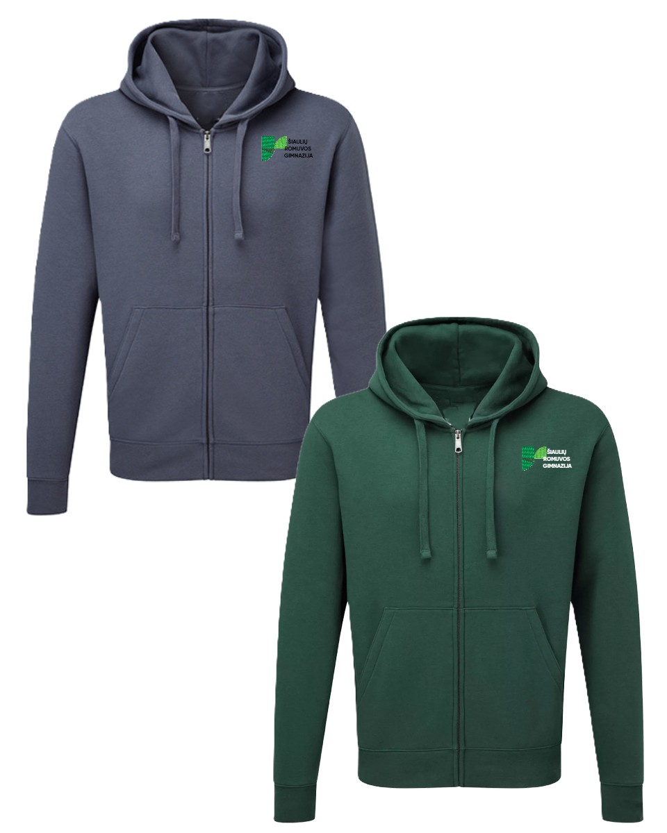 Trikotažinis sportinio tipo džemperis su užtrauktuku ir mokyklos emblema