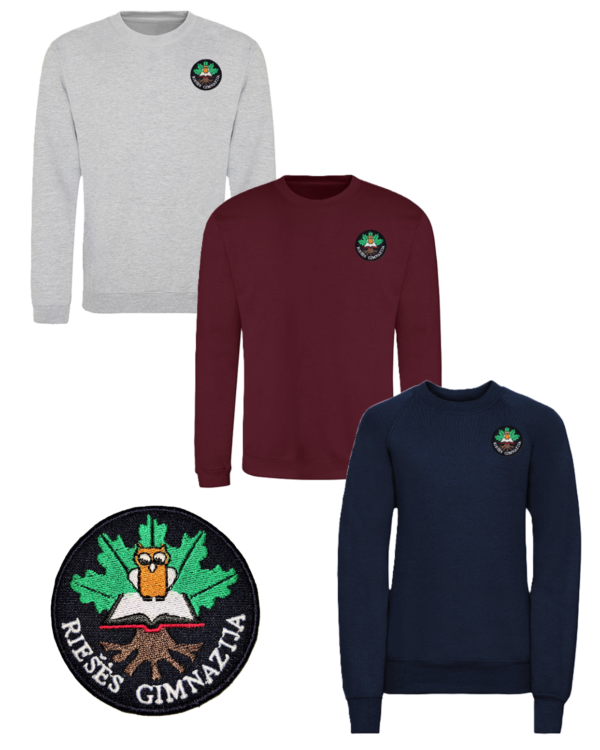Trikotažinis sportinio tipo džemperis be gobtuvo su mokyklos emblema