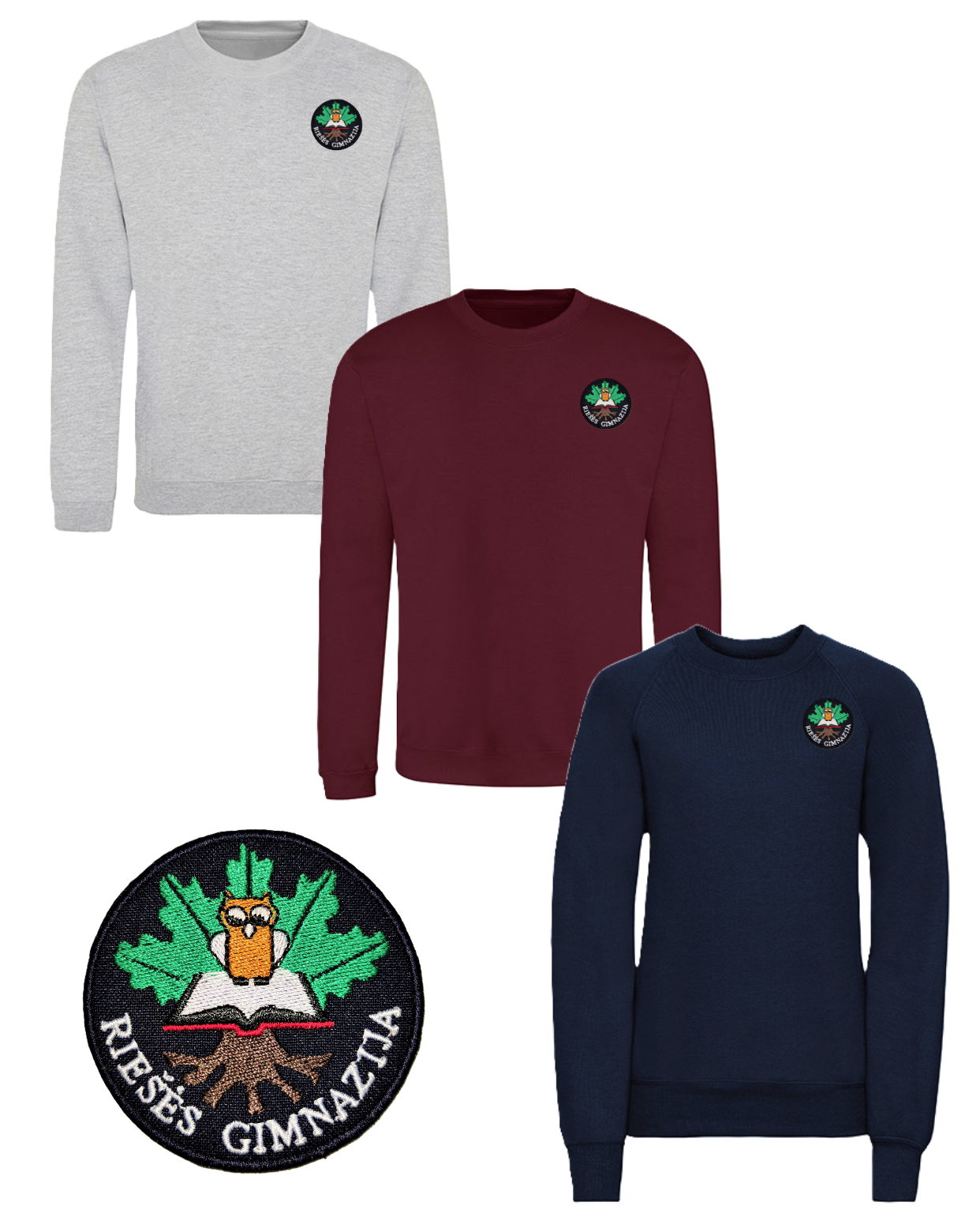 Trikotažinis sportinio tipo džemperis be gobtuvo su mokyklos emblema