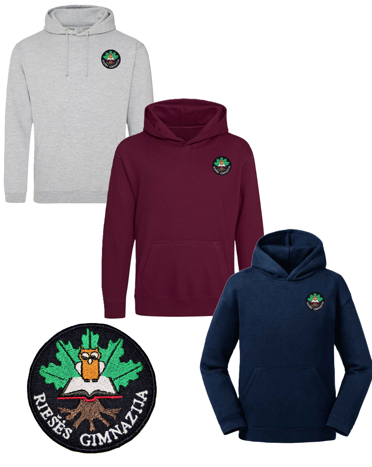 Trikotažinis sportinio tipo džemperis su gobtuvu ir mokyklos emblema