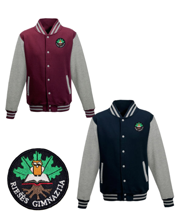 Trikotažinis sportinio tipo džemperis su spaudėmis ir mokyklos emblema