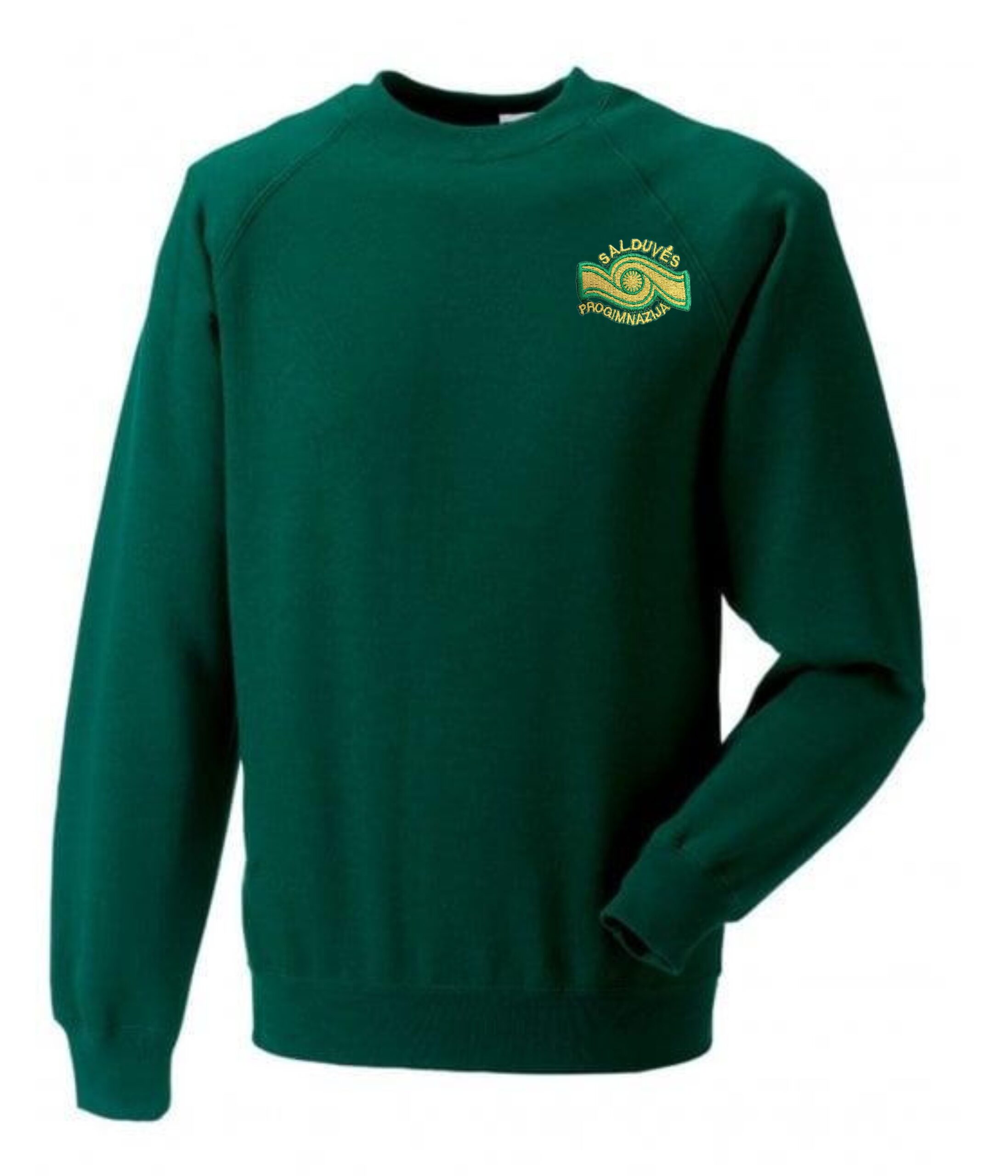 Trikotažinis džemperis be gobtuvo su mokyklos emblema