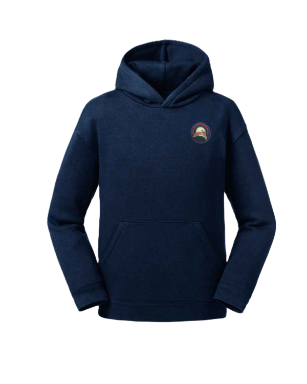 Trikotažinis džemperis su gobtuvu ir mokyklos emblema