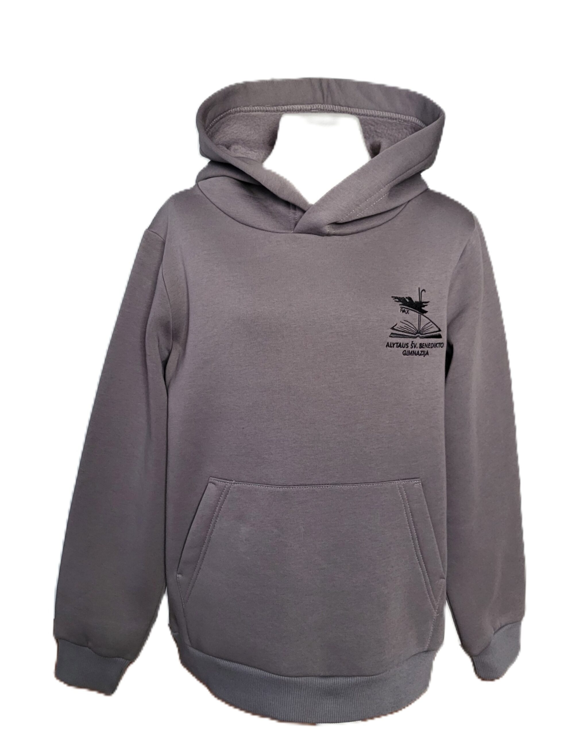 Sportinio stiliaus trikotažinis bliuzonas su gobtuvu ir mokyklos emblema