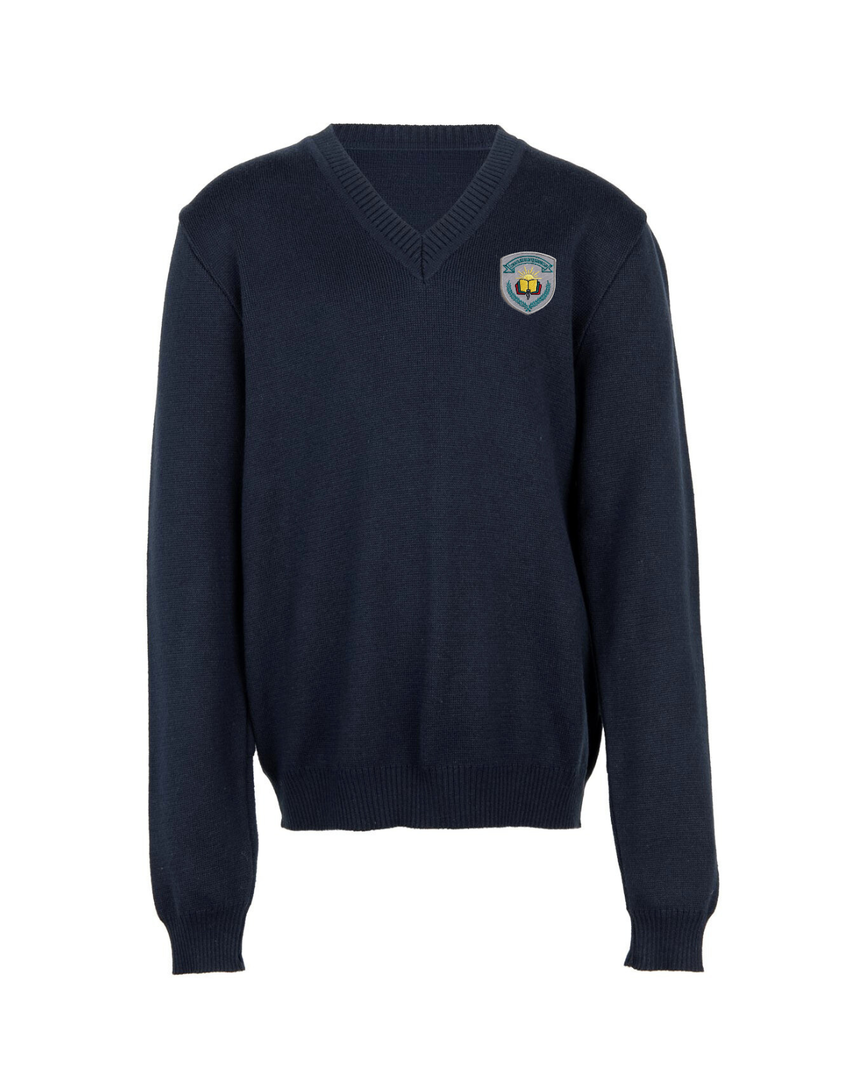 Megztinis V-formos apykakle su mokyklos emblema