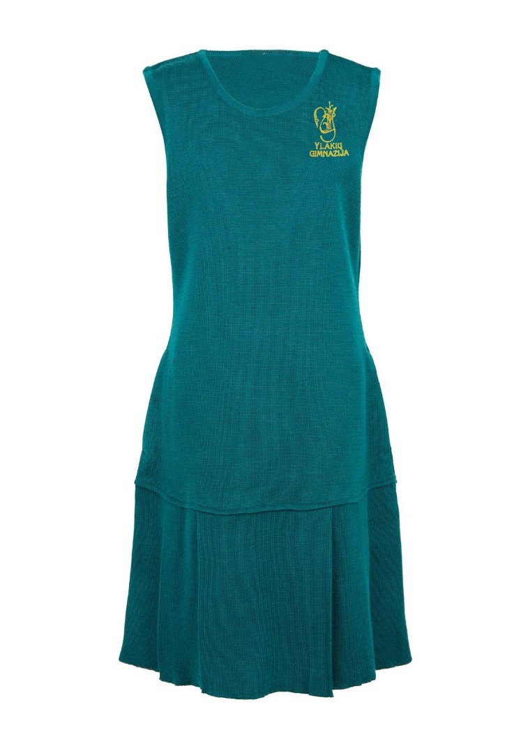 Klostuotas sarafanas su mokyklos emblema