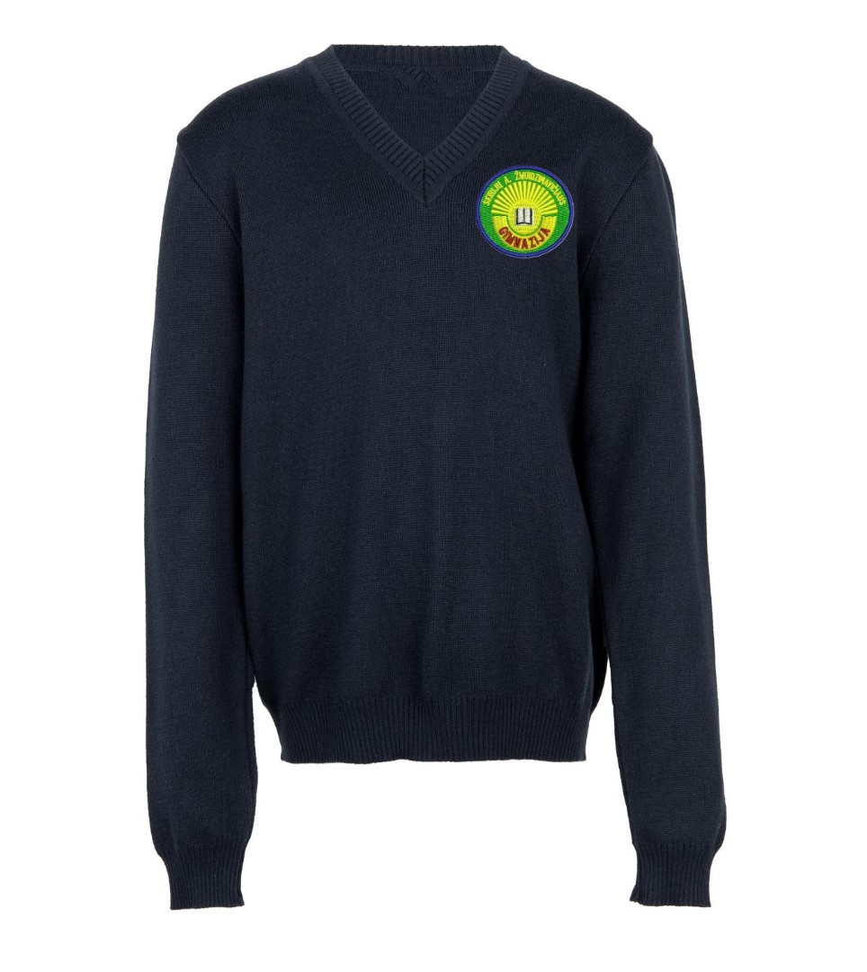 Megztinis V-formos apykakle su mokyklos emblema