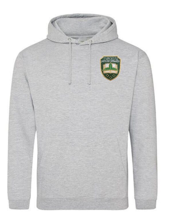 Trikotažinis sportinio tipo džemperis su gobtuvu ir mokyklos emblema