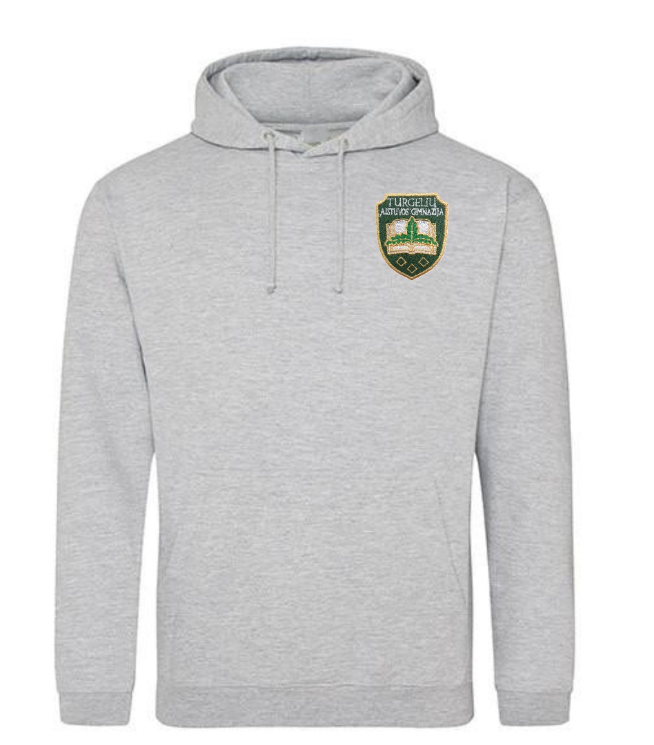 Trikotažinis sportinio tipo džemperis su gobtuvu ir mokyklos emblema