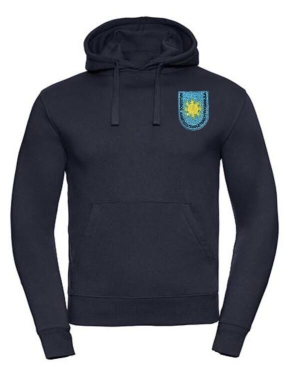 Trikotažinis džemperis su gobtuvu ir mokyklos emblema