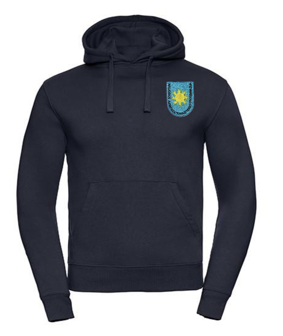 Trikotažinis džemperis su gobtuvu ir mokyklos emblema