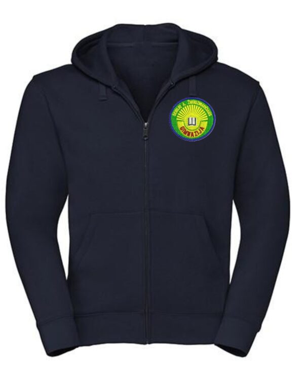 Trikotažinis džemperis su užtrauktuku ir mokyklos emblema