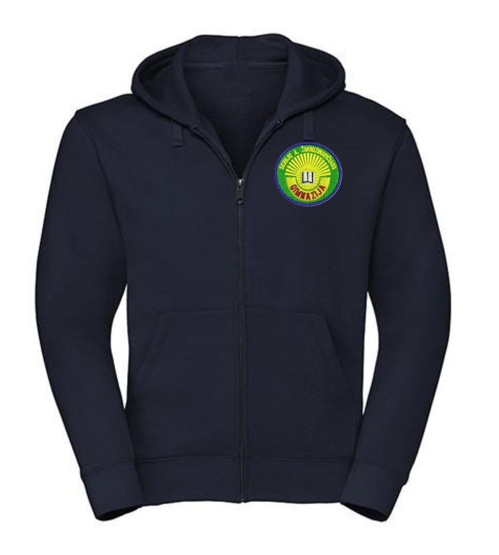 Trikotažinis džemperis su užtrauktuku ir mokyklos emblema