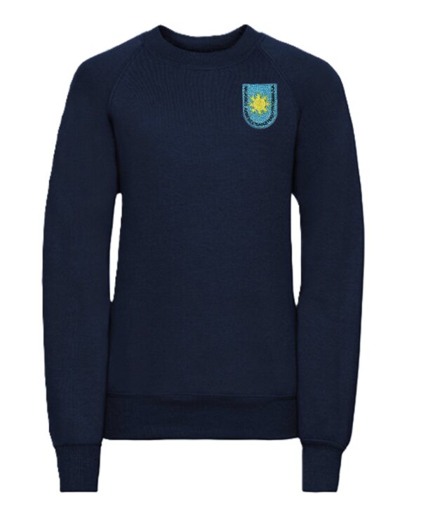 Trikotažinis džemperis be gobtuvo su mokyklos emblema