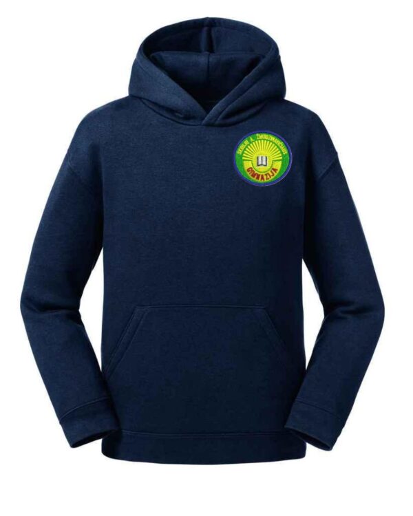 Trikotažinis džemperis su gobtuvu ir mokyklos emblema