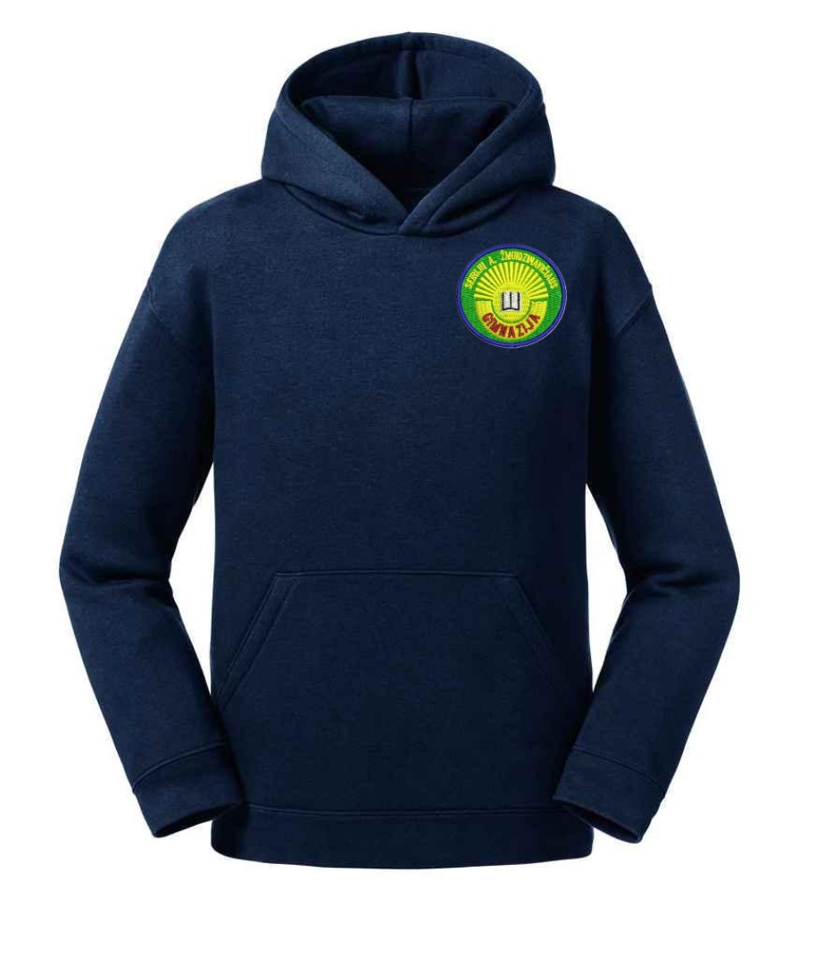 Trikotažinis džemperis su gobtuvu ir mokyklos emblema