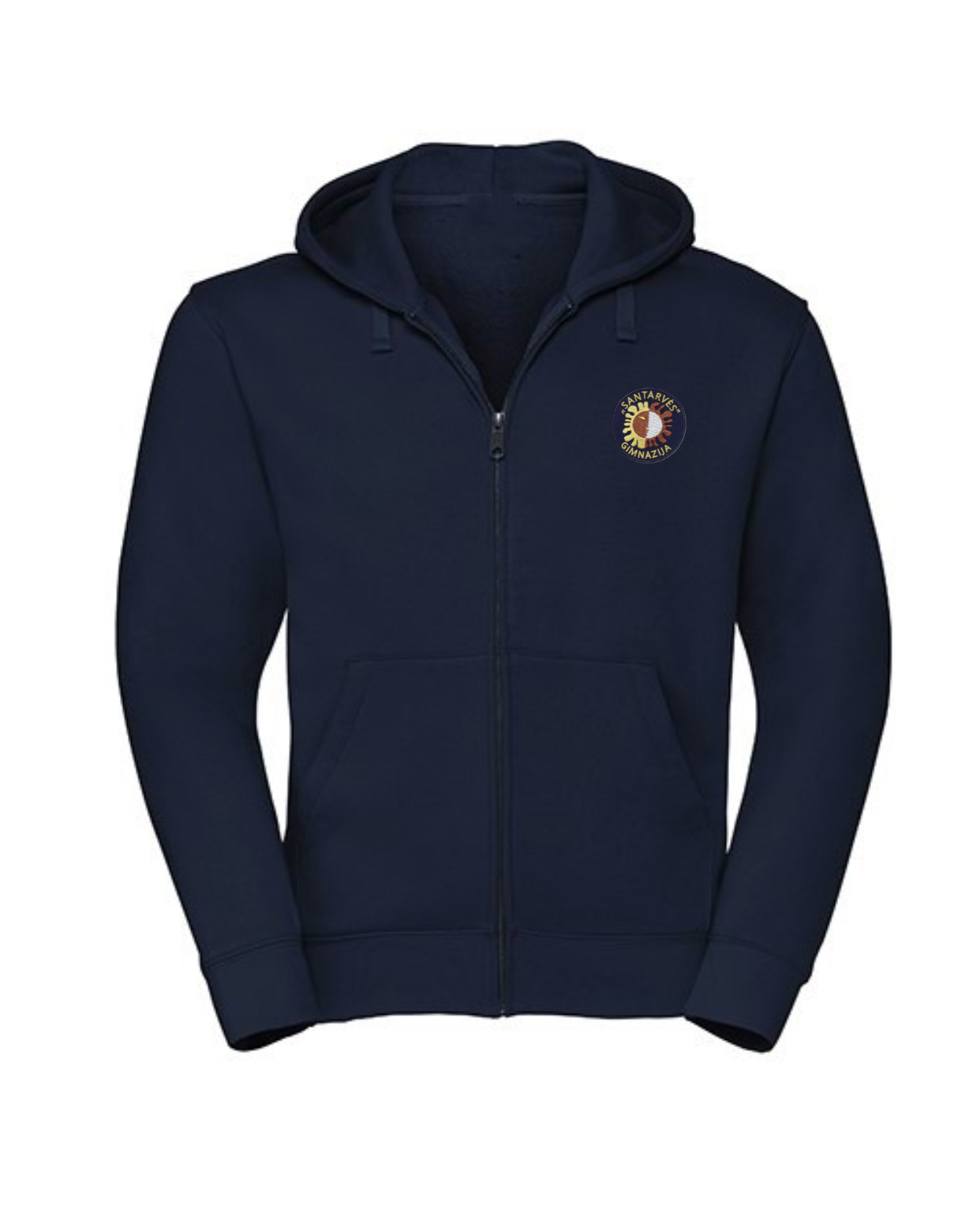 Trikotažinis džemperis su užtrauktuku ir mokyklos emblema