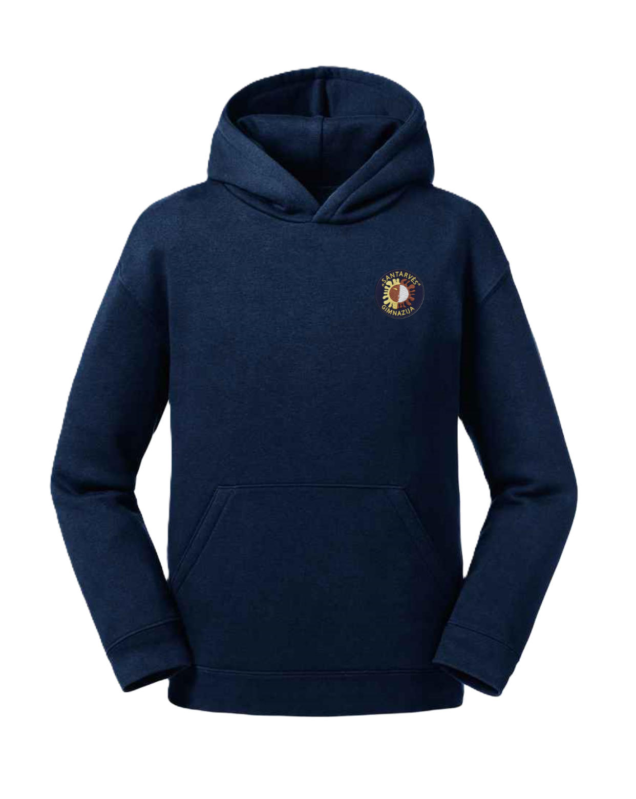 Trikotažinis džemperis su gobtuvu ir mokyklos emblema