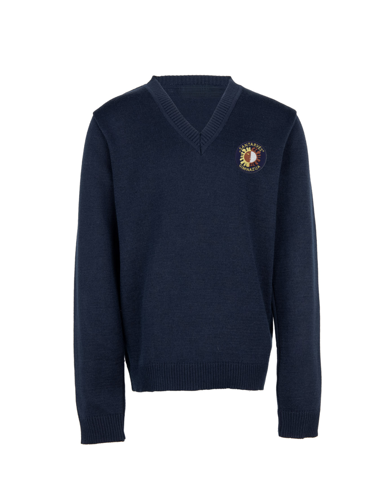 Megztinis V-formos apykakle su mokyklos emblema