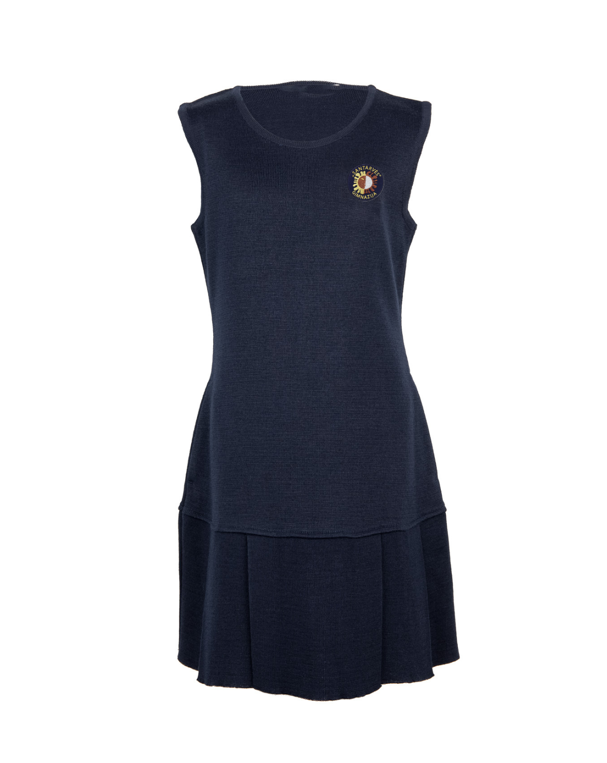 Klostuotas sarafanas su mokyklos emblema