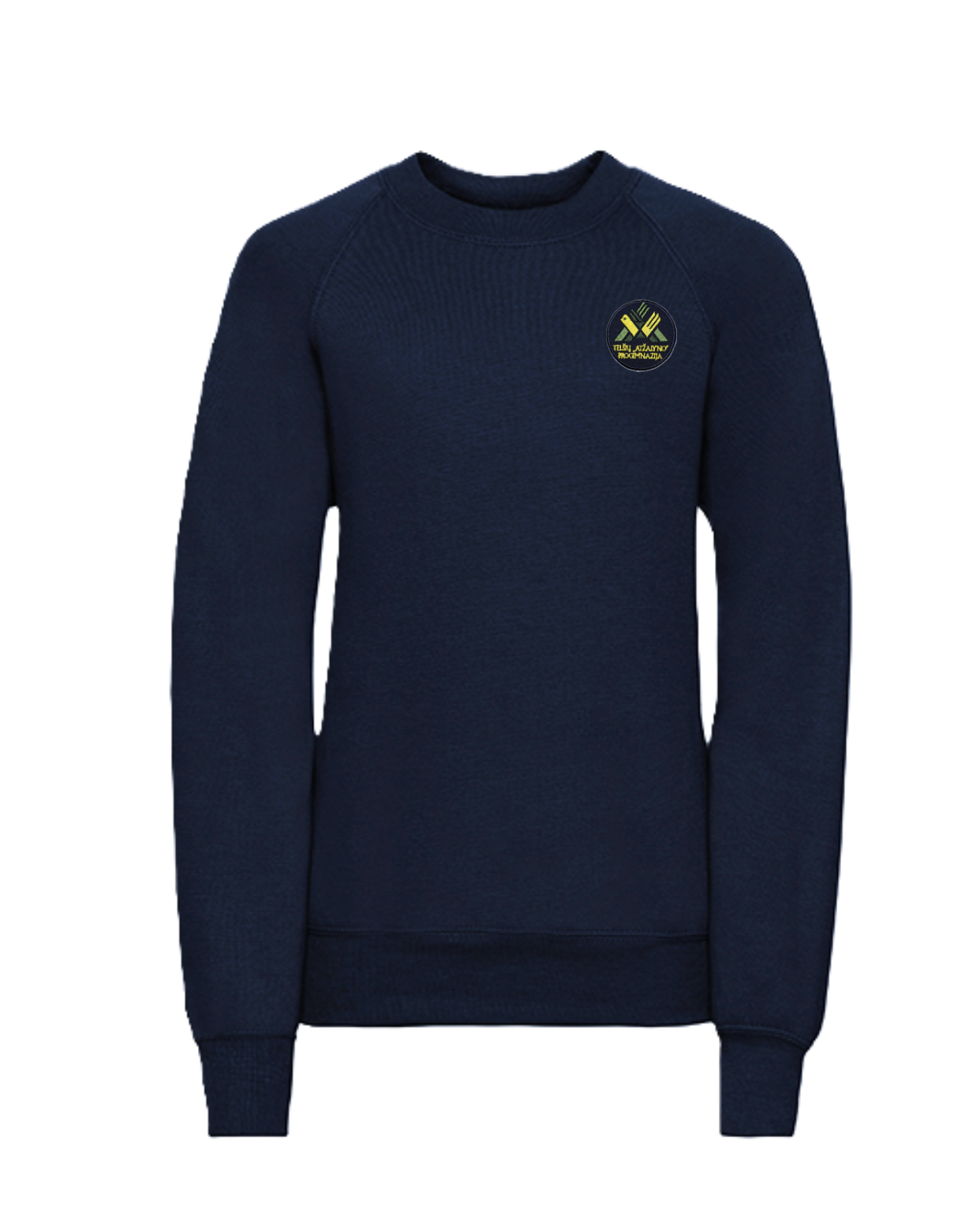 Trikotažinis džemperis be gobtuvo su mokyklos logotipu