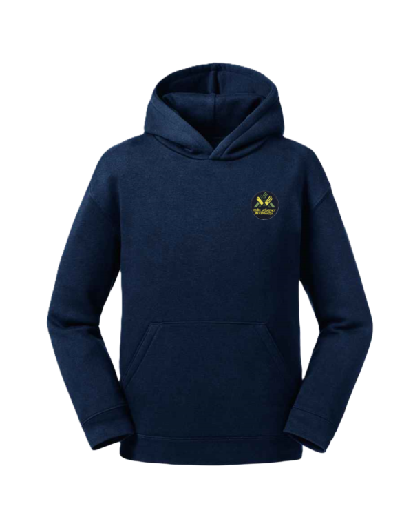 Trikotažinis džemperis su gobtuvu ir mokyklos emblema