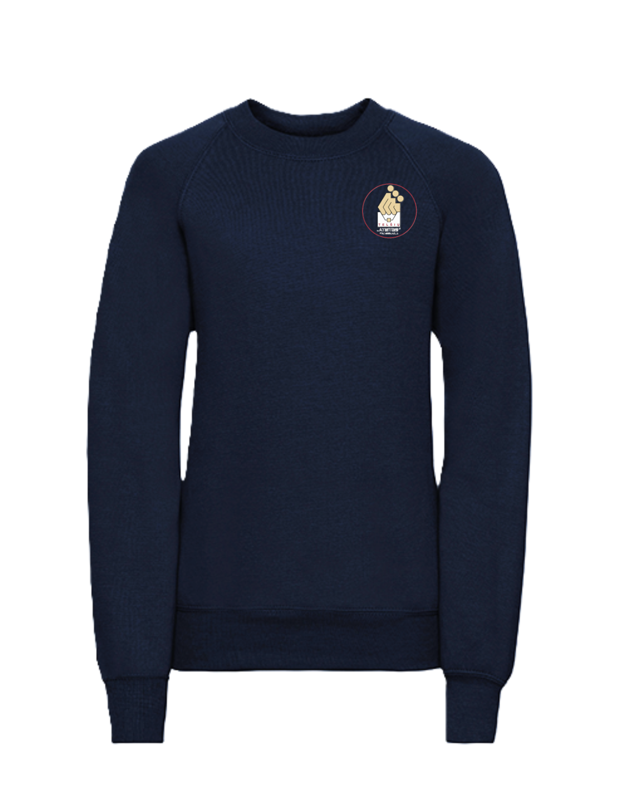 Trikotažinis džemperis be gobtuvo su mokyklos logotipu