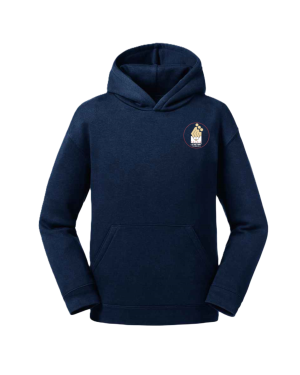 Trikotažinis džemperis su gobtuvu ir mokyklos emblema