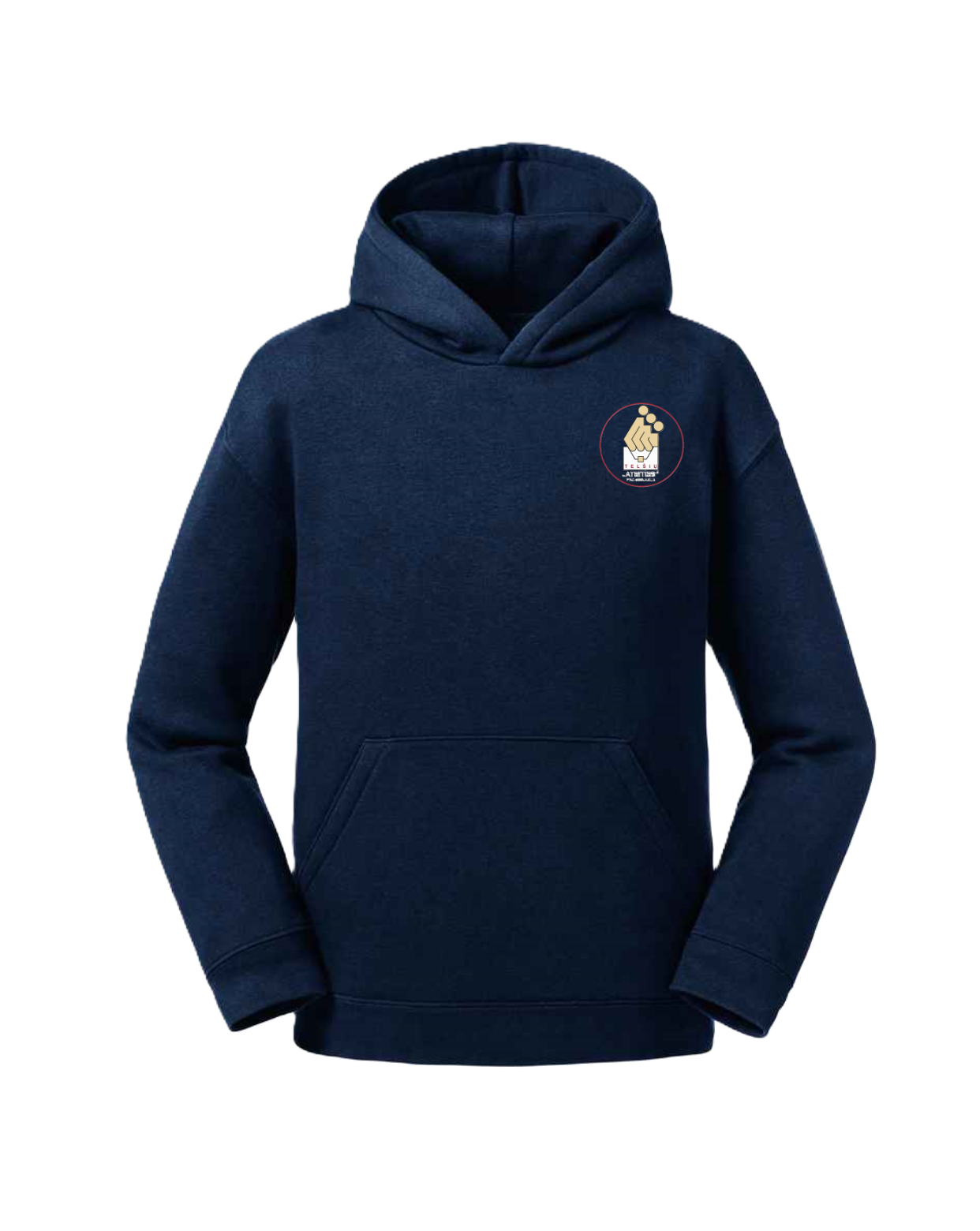 Trikotažinis džemperis su gobtuvu ir mokyklos emblema