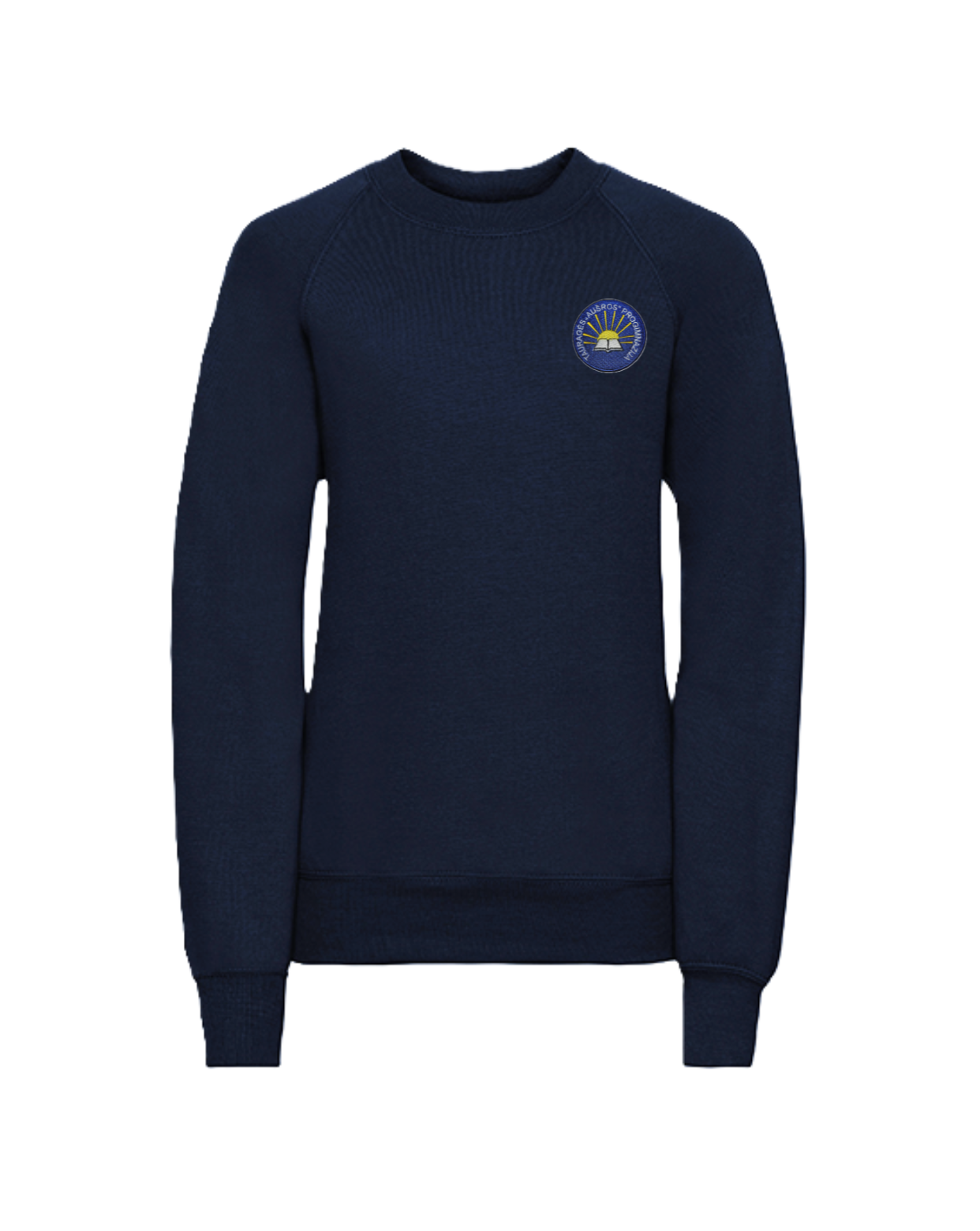 Trikotažinis džemperis be gobtuvo su mokyklos logotipu