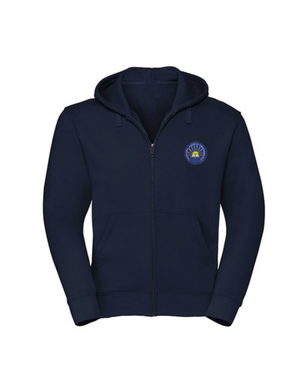 Trikotažinis džemperis su užtrauktuku ir mokyklos emblema