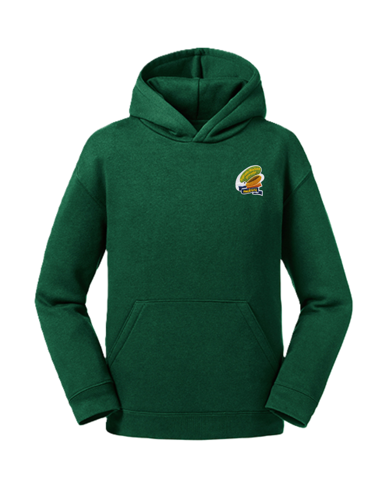 Trikotažinis džemperis su gobtuvu ir mokyklos emblema