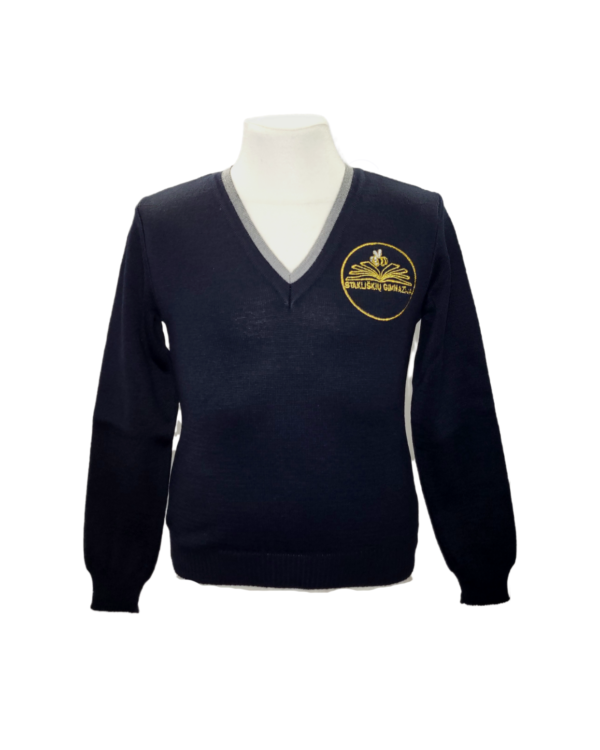 Megztinis V-formos apykakle su mokyklos emblema