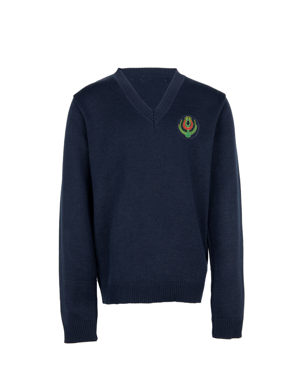 Megztinis V-formos apykakle su mokyklos emblema