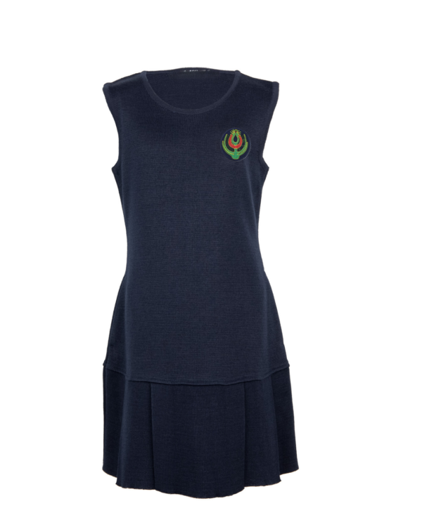 Klostuotas sarafanas su mokyklos emblema