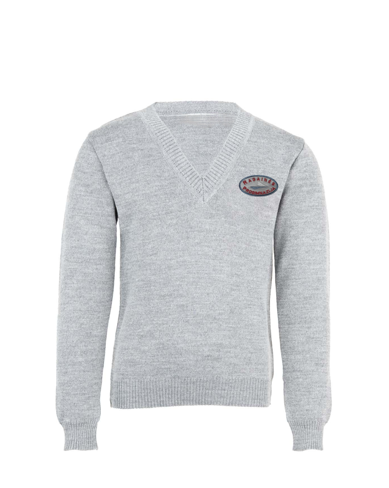 Megztinis V-formos apykakle su mokyklos emblema