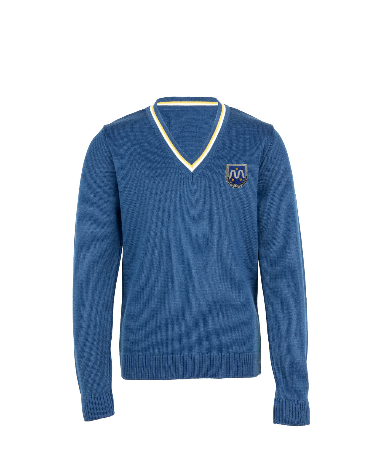 Megztinis V-formos apykakle su mokyklos emblema