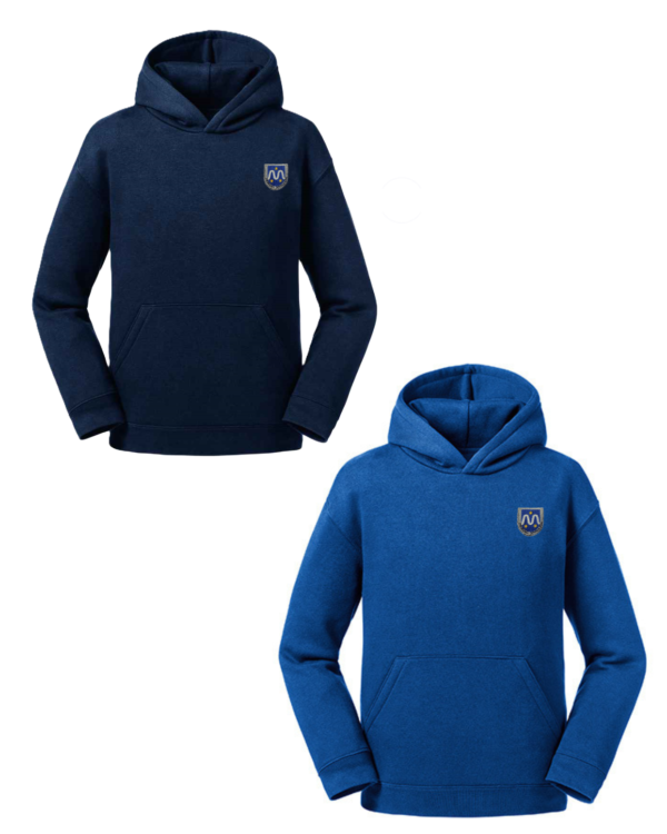 Trikotažinis džemperis su gobtuvu ir mokyklos emblema